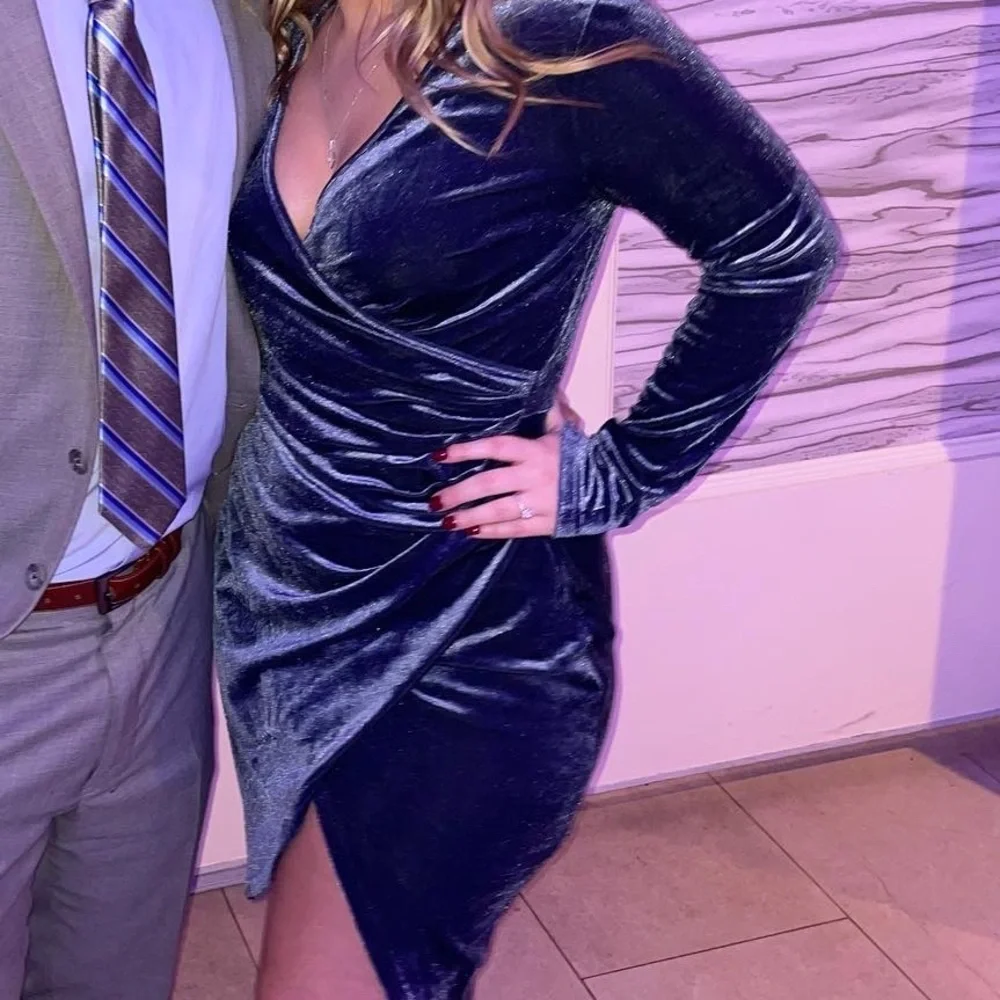 Worn one time. blue / dark teal velvet dress long sleeve. Slit on bottom. - Picture 1 of 3